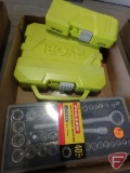 Ryobi titanium drill bit set, Ryobi driver set, and 40pc small socket set