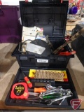 Tool box and contents: retractable cord, open end wrenches, tape measure, hammer, screwdriver