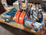 (2) work lights, extension cords on reels, power tools, Makita power planer