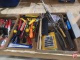 Hammer, adjustable wrench, pry bars, tool kit, Klutch nutsetter set, Ryobi bit set, drywall knives