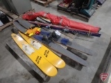 Child's water skis, adult water skis, (2) cross country skis, and poles