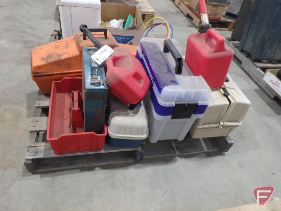 (2) 1 gal gas cans, (3) tackle boxes, utility tray with handle, metal Makita case,