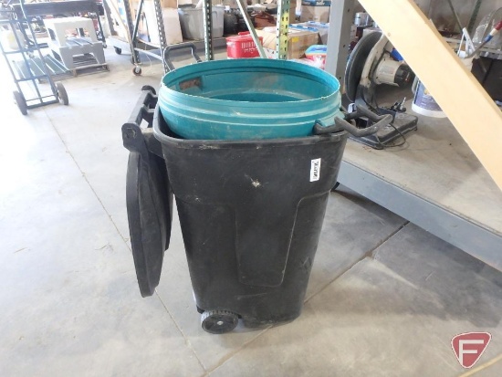 (2) garbage cans on wheels, (2) Progress Lighting light fixtures, Coleman 2 burner stove,