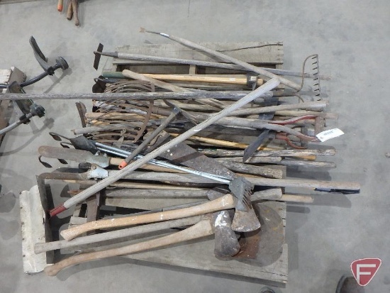 Garden/yard tools: snow shovel, axes, hay fork, rock rake, post hole digger, hand saw, hoes