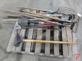 Lawn and garden tools; hoes, pitch fork, tamper, spade shovel, rake
