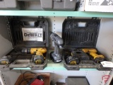 DeWalt cordless power tools: 9.6v drill, (2) 9.6v batteries, 12v drill, (1) 12v battery, (1) charger