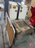 Folding table, (2) wood crates, painted trunk