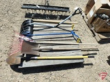 Garden/yard tools: shovels, rake, The Claw cultivator, handle, snow shovel