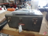 Craftsman metal tool box and contents: sockets, wrenches, pliers, locking pliers, and grease gun