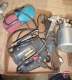 Penncraft sabre saw, Makita finishing sander, Ryobi detail sander, and air paint sprayer nozzle