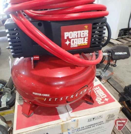 Porter Cable CF2600 air compressor, 2hp, 6 gal, with hose and box