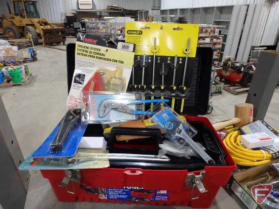 (2) Channellock adjustable wrenches, XL screwdrivers, Stanley screwdriver set, Hanson chalking set