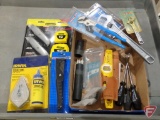Stanley tape measures and box cutters, Phillips screwdrivers, multitool, Stabila level