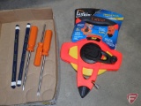 Lufkin 100' fiberglass tape measure, screwdrivers, hacksaw blades