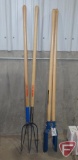Jackson post hole digger and (2) Ames pitchforks