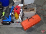Quarter gallon caulking gun, (2) (empty) toolboxes, chain oil, outdoor injector oil
