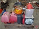 Gasoline containers, grease guns, 115v light, (3) empty tool cases