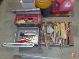 Craftsman toolbox, concrete trowels, hammer, chisels, other concrete tools, level, scrapers, string