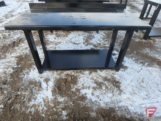 Welding work table with under shelf, 3" backsplash, and 1/16" top