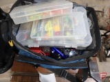 Okeechobee Fats fishing tackle bag and contents: lures, jigs, spinners, reel line, bobbers