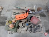(4) boat anchors, scoop shovel, shop broom, blaze orange dog vest