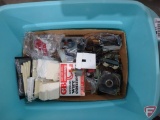 Hardware organizers and contents: screws, thumb tacks, small nails, nuts; Thompson's water seal
