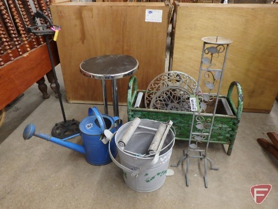 Metal items: stool, ashtray stand, watering can, (2) rolling planter bases, planter, mop bucket. 8