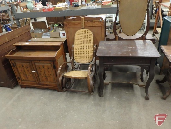 Magnavox stereo console 37"W x 16"D x 34"H; rocking chair; occasional table; vintage table needs