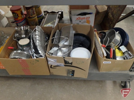 Bakeware, platters, bowls, kitchen utensils, pots & pans. 3 boxes