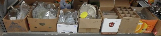 Glassware, stemware, pitchers, platters, candy/relish dishes. 7 boxes.