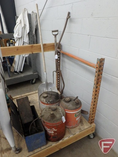 (3) oil cans, shovel, sythe, spade, oilers, metal box