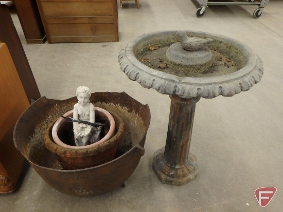 26" cast iron pot with damage, cement bird bath, fountain, planters. 5 pcs