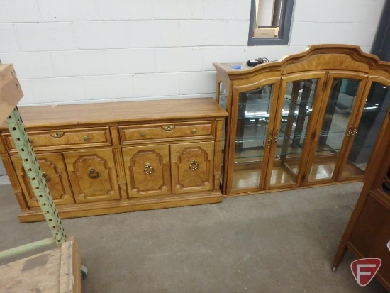 Thomasville 2-pc hutch, lighted top 64"W x 17"D x 51"H, bottom 65"W x 19"D x 32"H