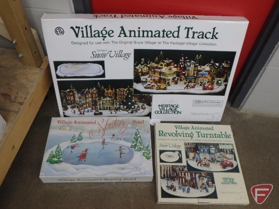 Dept 56, Village animated track, Revolving Turntable, and Skating Pond. 3 pcs