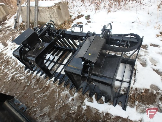 76" Skeleton dual cylinder grapple skid steer attachment, universal quick attach mount