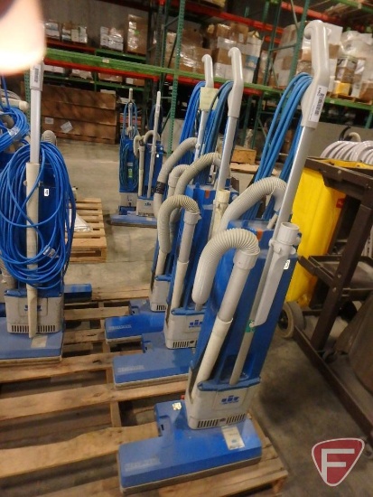 (3) Windsor Versamatic commercial vacuums with crevice tool and extra bags, 18" path