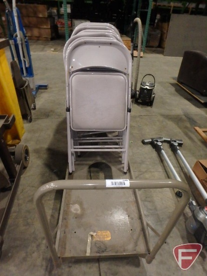(19) Metal folding chairs with cushions and 107" storage cart