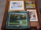 Framed pictures, some matching frames, M. Vasquez eagle oil painting, and other prints