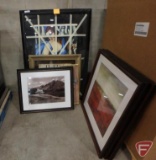 Framed pictures, some matching frames, large wall clock, largest picture has cracked glass