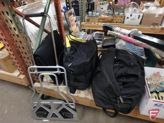 Homedics heat pad, 2-wheel cart, backpacks, carrying bags, Oriental dolls, Christmas decorations.