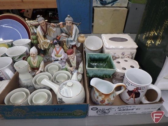 Ceramics, mugs, covered cake plate, kitchen toaster. 7 boxes plus toaster.