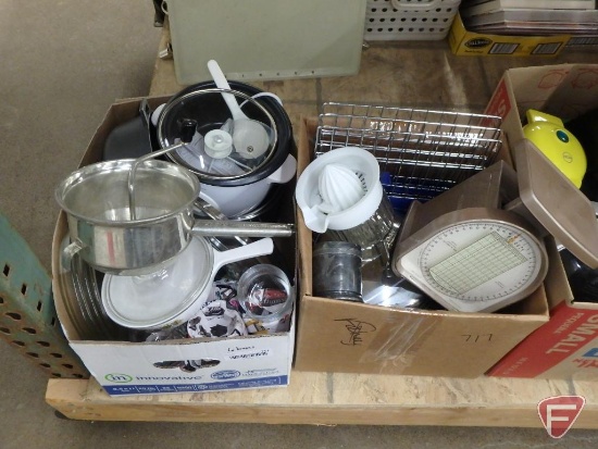 Kitchen items-scale, George Foreman grill, pots and pans, blender, clear glass. 6 boxes