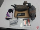 Duck decoys (2), fiber optic shotgun sight, neoprene socks size L, steel waterfowl plug for Rem 870,