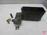 .30 cal ammo box, oiler bottle, camo face paint, tape measure