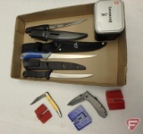Fillet knives (3), folding knives (2), knife sharpeners (3), Browning tin box