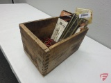 Wood crate, empty .410 shells, shotgun cleaning rod, manuals and catalogs