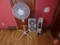 Comfort Zone pedestal fan, Holmes L-touch window fan, and Delonghi electric heater