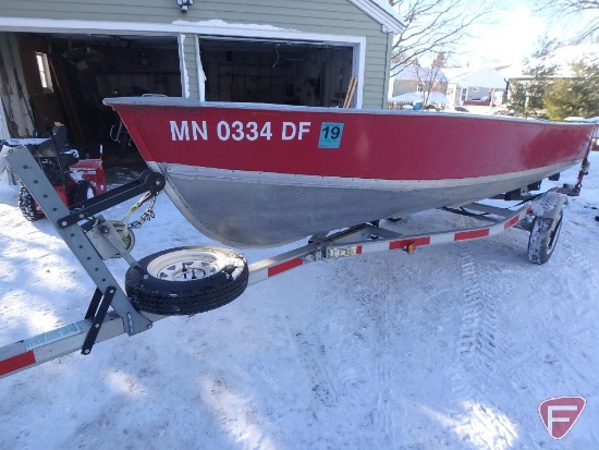 1974 Lund 14' boat with 9.9HP Johnson outboard motor and 1988 Spartan single axle boat trailer