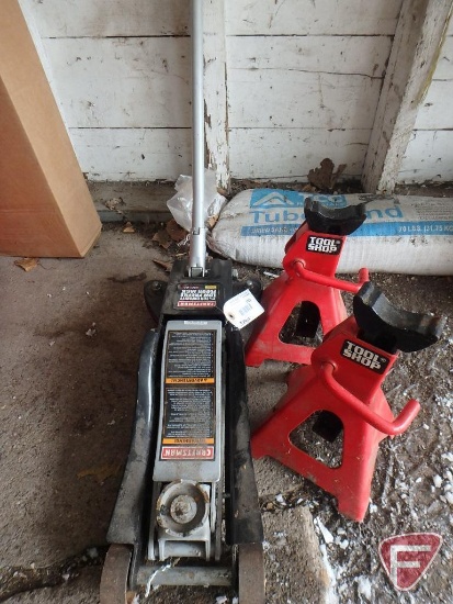 2-1/2 ton Craftsman hydraulic floor jack and (2) Tool Shop 3 ton jack stands