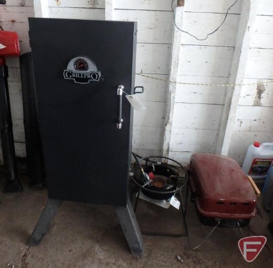 Grillpro smoker, LP deep fryer base, and propane grill